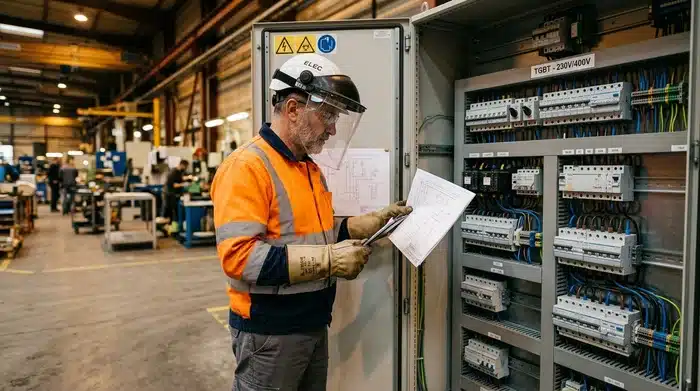 Électricien habilité BR consultant le schéma de protection d'un tableau BT 230V/400V — EPI complet : visière de protection faciale, casque, gants isolants