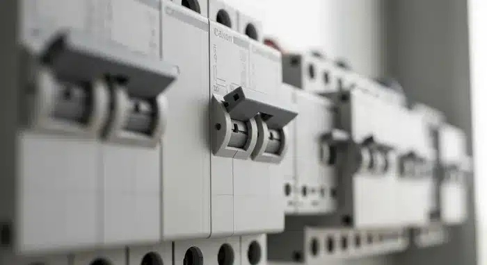 Interrupteur différentiel et disjoncteur différentiel modulaires sur le rail DIN d'un tableau électrique