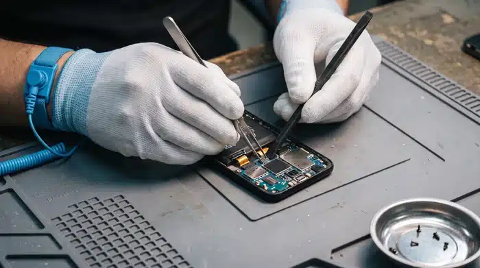 Technicien réparateur avec gants et bracelet antistatique réparant un smartphone ouvert sur un tapis ESD, habilitation électrique label QualiRépar