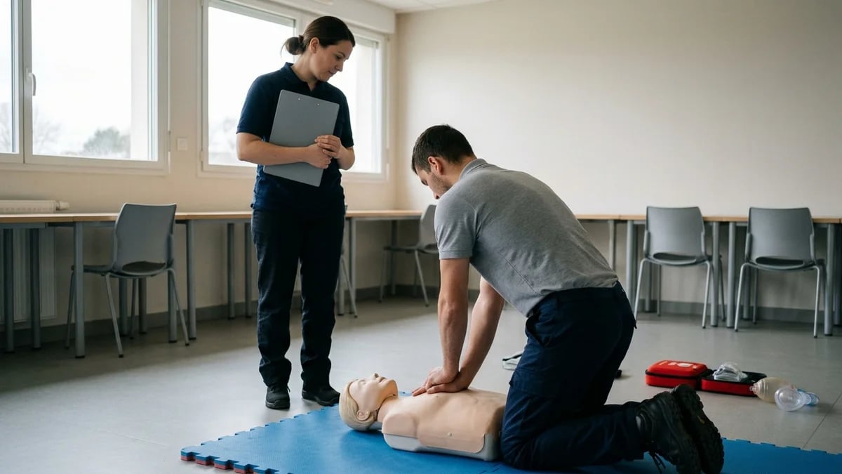 Un stagiaire à genoux pratique un massage cardiaque sur un mannequin, observé par une formatrice qui tient une planchette, en salle de formation